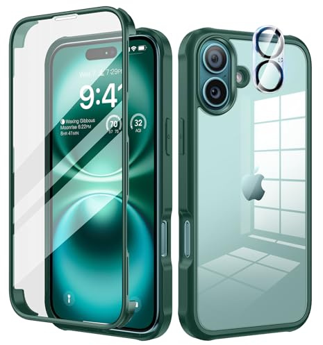 seacosmo für iPhone 16 Hülle mit eingebautem Panzerglas Displayschutz und Kamera Schutzfolie [9H HD], 360 Grad Handyhülle Ganzkörper Stoßfeste iPhone 16 schutzhülle - Grün