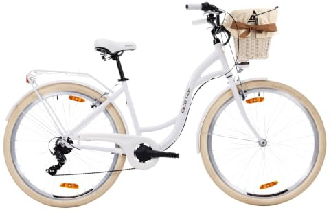 Goetze Mood Alu Damenrad 28 Zoll, 7-Gang mit Korb | Aluminiumrahmen, Tiefeinstieg, Shimano-Antrieb, V-Brakes, LED-Beleuchtung, Reflektoren, Gepäckträger, Korb