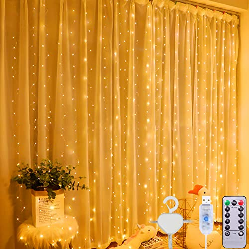 SaiXuan ljusslingegardin varmvit 3x3 m, 300 LED ljusslinga med USB och fjärrkontroll, 8 lägen timer dimbar, ljusgardin för fönster vägg balkong fest inomhus och utomhus dekoration