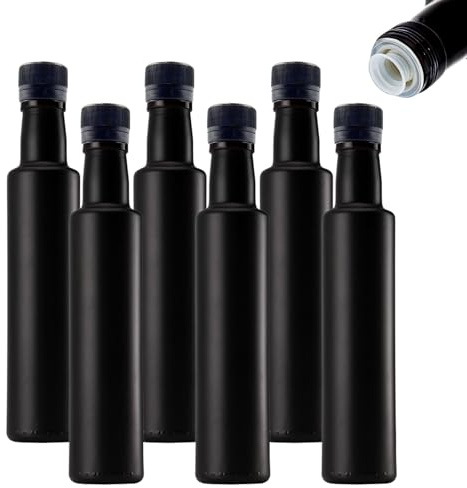 mikken 6 Ölflaschen 250 ml mit Ausgießer schwarze Glasflasche Ölspender inkl. 6 Etiketten