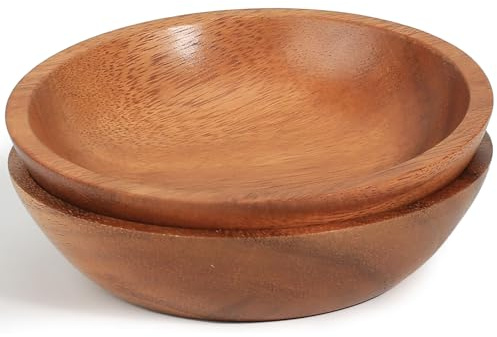 MeowAroma Acacia Wood Serving Bowls, 6 Inch Handcrafted Wooden Individual Bowls Set of 2 for Food/Soup/Salad/Pasta, Use as Snack Holder Plate for Kitchen and Dining