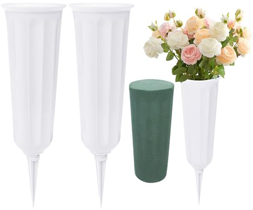 Vivantia 2 Pieces Grave Vases with Spikes & Floral Foam Cemetery Vases Graveside Flowers Holder Graves Flower Vase for Grave Yard Lawn Memorial Garden Decor (White)