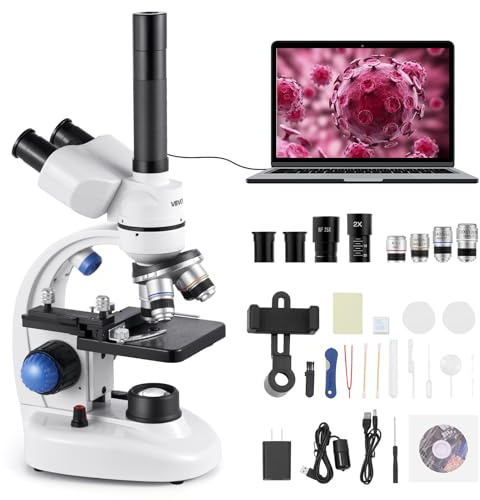 VEVOR Trinokularmikroskop für Erwachsene, professionelles zusammengesetztes Mikroskop-Set mit 40X-5000X Vergrößerung, Gehäuse aus Aluminiumlegierung, inklusive LED-Licht & Telefonhalterung
