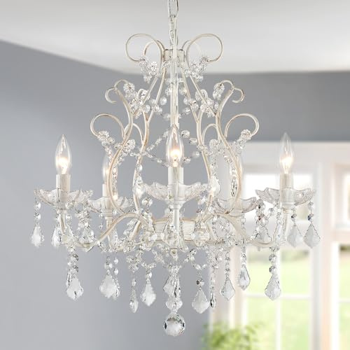WUZUPS 5-Light Crystal Candle Chandelier Pendant Ceiling Light Modern Lighting Fixture for Bedroom Hallway Bar Kitchen Bathroom, H 23.2 W 20.7, E12 Base, Rustic White
