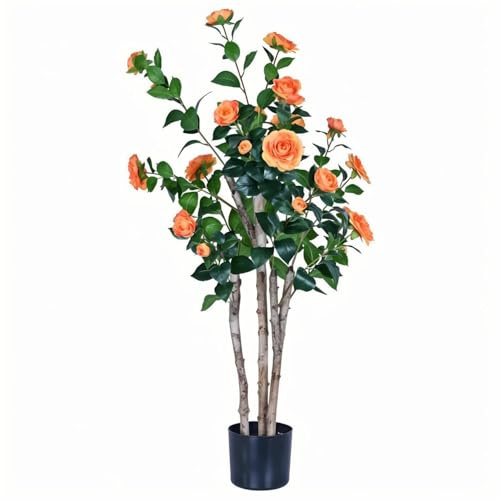 4ft Decorative Artificial Camellia Tree with Orange Flowers, Potted Faux Floral Plant, Realistic Blooming Fake Plants for Indoor Outdoor Home Front Door Planter Decor