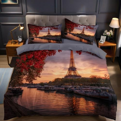 Tramonto Copripiumino Singolo 135x200 cm Torre Eiffel a Parigi Set Biancheria da Letto Policotone 3 Pezzi con 1 Copripiumino e 2 Federe per Bambini e Ragazzi