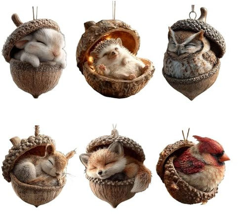 6PCS Waldtiere Eichels Ornaments,2D Acryl Tiere Aus Tannenzapfen Weihnachtsbaumschmuck Deko, Niedlich Waldtiere Anhänger Weihnachtsbaumschmuck (Coffee, One Size)