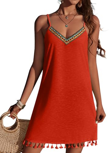 Ekouaer Robe de Plage pour Femme Cache Maillot Bohème Brodé Col en V Bretelles Spaghetti Ajustables Bikini Cover Up Ourlet à Glands Robe d'été Taille, S, Rouge