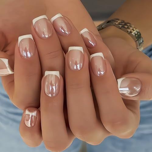 SXVME Chrome Weiß Press on Nails Kurz Eckig, Glänzend Glitzer Nägel zum Aufkleben French, Glasiert Niedlich Fake Nails mit Sparkle Spiegel Design, Hochzeit French Nails Künstliche Nägel 30 Stück, Nude