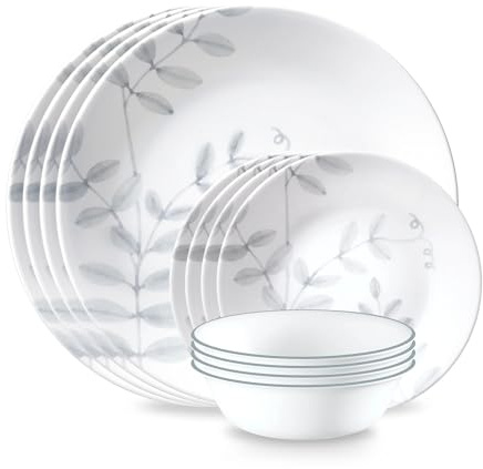 12-Piece Glass Dinnerware Set, Flowing Fern Pattern, Clear Ceramic Plates and Bowls Set for 4, Nature-Inspired Dinner Plates, Dessert Bowls for Everyday Use, Microwave and Dishwasher Safe