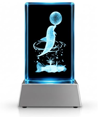 Kaltner Präsente Stimmungslicht – Ein ganz besonderes Geschenk: LED Kerze/Kristall Glasblock / 3D-Laser-Gravur Tiere Delfin mit Ball/Maritim Meer Urlaub