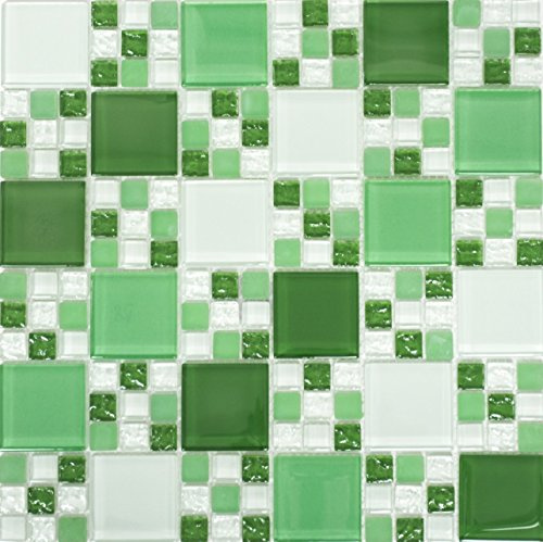 Mosaik Kombination Crystal mix grün/grün matt Glasmosaik Transluzent Transparent 3D Fliesenspiegel, Mosaikstein Format: 15x15/48x48x8x8 mm, Mattengröße: 300x300 mm, 10 Matten
