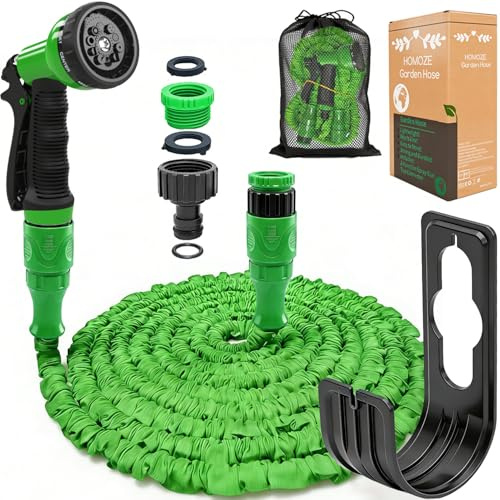 Garden Hose Pipe Expandable Garden Hose with 3/4, 1/2 Fittings, Anti-Leakage - Flexible Expanding Hose with 10 Function Spray Nozzle by HOMOZE (100FT, Green)