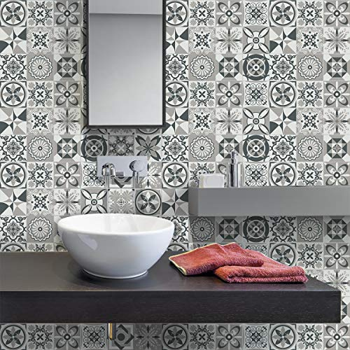 Ambiance Sticker Vinilos Autoadhesivos, Decoración de Paredes, Adhesivos de Azulejos para Baño y Cocina Azulejos de Cemento Elodia - 9 Vinilo Azulejos de 10 x 10 cm