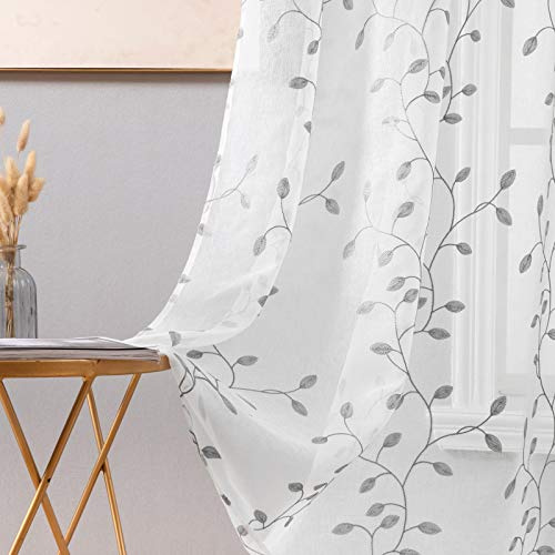 MIULEE 2 Unidades Cortinas Bordado Translucida de Dormitorio Moderno Ventana Visillos Rayas Salon Paneles con Ojales Plateados para Sala Cuarto Comedor Salon Cocina Habitación 140x225cm Hojas Gris