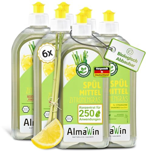 AlmaWin® Spülmittel Öko [6x 500ml] mit Zitronengras-Duft - Kraftvolles Geschirrspülmittel flüssig mit hoher Fettlösekraft - Vegan Dish Soap - Biologisch abbaubares & ergiebiges Konzentrat