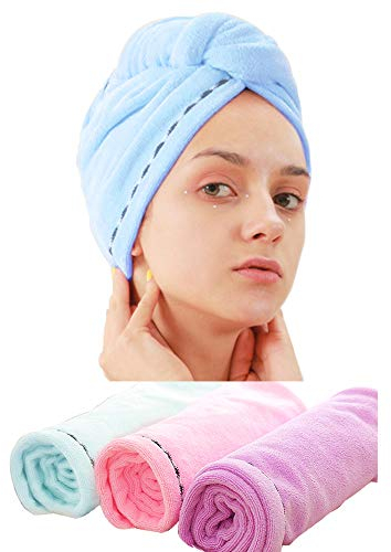 Laicky 3 Pack Microfiber Hair Towel Wrap Super Absorbent Bath Loop Fasten Salon Twist Turban Dry Hair Caps/ Hat with Buttons Pink Blue Purple