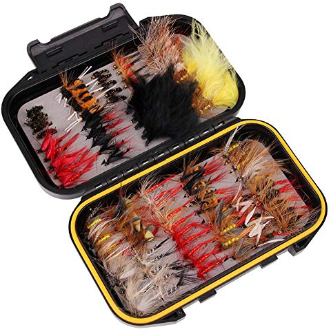 Fliegenfischen Zubehör, RoseFlower Professional Trocken Angel-Fliegen Kunstköder Set Trockenfliegen Fliegenköder Fliegenfischen Köder Set mit Wasserdichte Box für Zander Bass Fischbarsch Lachs Forelle