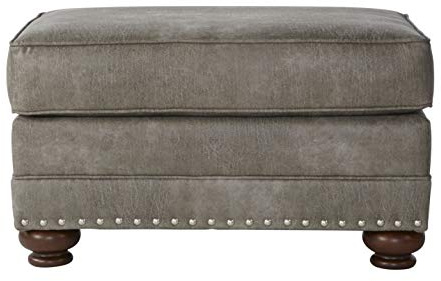 Roundhill Furniture Leinster Faux Leather Upholstered Nailhead Ottoman, Stone Gray