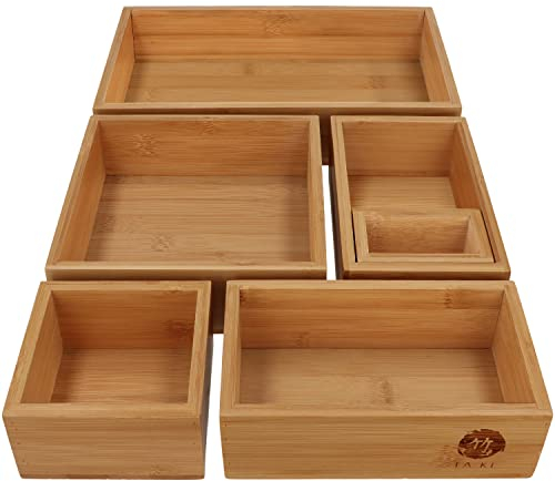 TAKE® 6-teiliges Schubladen Organizer aus 100% Natur Bambus - Boxen in vers. Größen für Küche, Bad & Büro, Schminktisch Organizer Bad, Drawer Organizer