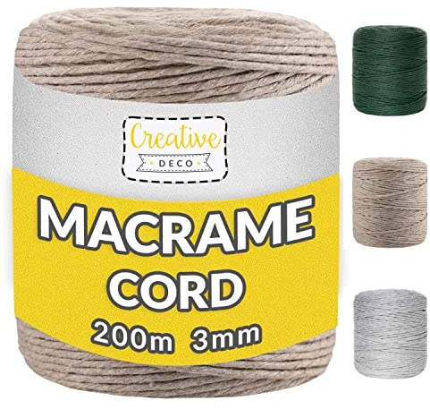 Creative Deco Corda Macrame 3mm x 200m Filo Cotone Beige Scuro | Cotone per Uncinetto | Filo Macramè 3mm (+-0.5mm) Fettuccia per Borse a Uncinetto, Macrame da Parete | Spago Decorazioni, Cordino