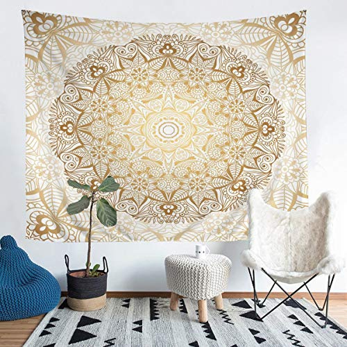 Tbrand Boho Mandala Wandteppich 175x230cm Tapisserie böhmischen Stil für Teenager Luxus Golden Weiß Mandala Dekor Wandbehang Exotisches Blumenmuster Wandtuch