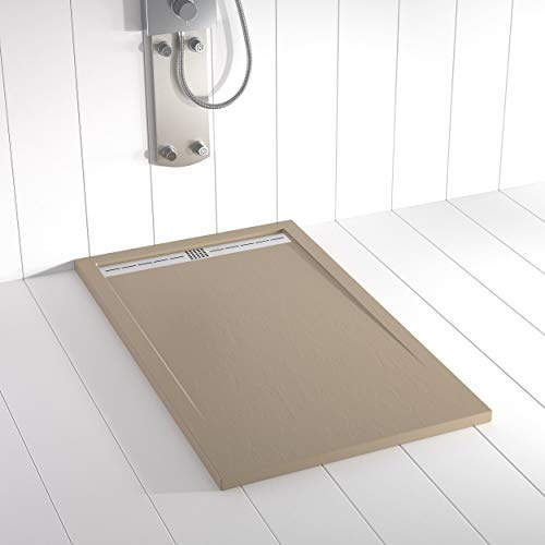 Plato de ducha resina FLOW desagüe lineal frontal color Moka 90x80 textura pizarra antideslizante rejilla inox con válvula