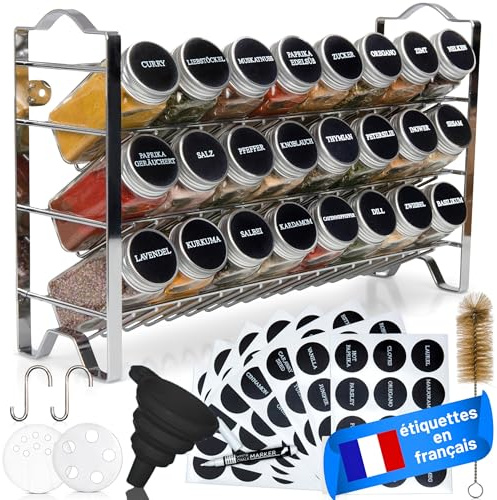 Deco haus® Gewürzregal mit Gewürzgläser - 3 stufiges Metall Regal - Küchen Organizer Set, Gewürzregal Stehend mit 24 Gewürzdosen, 48 Etiketten, Pinsel, Trichter - Stehend & hängend verwendbar