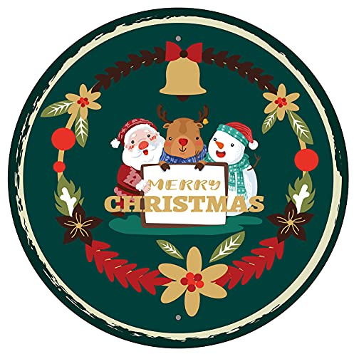 CREATCABIN Cartel Feliz Navidad Cartel Chapa Metal Redondo Campana Garland Elk Muñeco Nieve Papá Noel Placa Retro Cartel Colgante el Hogar Arte Cocina Bar Café Garaje Decoración Al Aire Libre 12