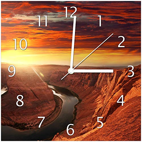 Wallario Design Wanduhr Glas Grand Canyon bei Sonnenuntergang aus Echtglas, Größe 30 x 30 cm, weiße Zeiger