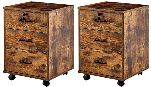TUKAILAI Rollcontainer Abschließbar mit 3 Schubladen, 2er Set， Aktenschrank unter Schreibtisch, Büroschrank mit Rollen, Dokumente in DIN-A4, Legal, Letter-Format, Büromöbel, Büro,Braun