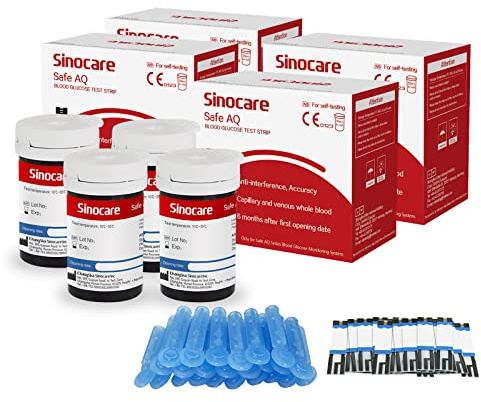 Sinocare 200 Strisce Glicemia per Safe AQ Smart/Voice/Air con 200 Lancette | Striscette per Glicemia Senza Codifica, Test Rapidi e Precisi a Casa, Strisce Reattive Glucosio Resistenza alle Interferenze
