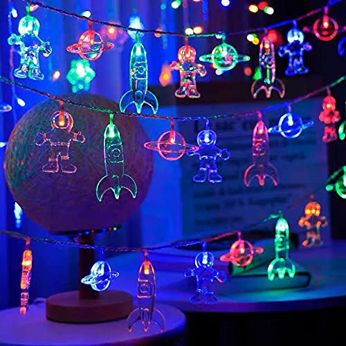 Fielegen 3 Meter 20 LED Astronaut Raumschiff Lichterkette Kinderzimmer Dekor, Batteriebetrieben Jungen Planet Rakete Lichterkette für Innen Kinder Schlafzimmer Geburtstag Party Weihnachts Dekor