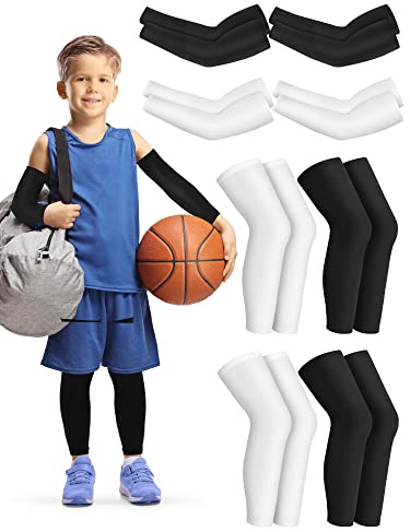 Leitee 8 Pairs Kids Compression Leg Sleeve and Compression Arm Sleeve Set Non Slip Leg Arm Wrap for Boy Girl Youth Basketball(Black, White)