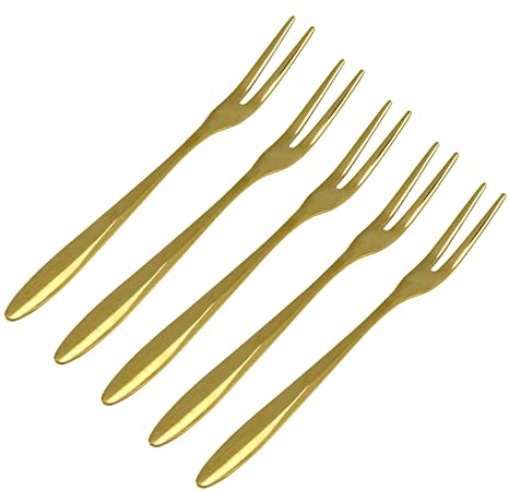 Curqia Lot de 5 petites fourchettes à salade en acier inoxydable doré à 2 dents pour cocktail, apéritif, dessert, fête