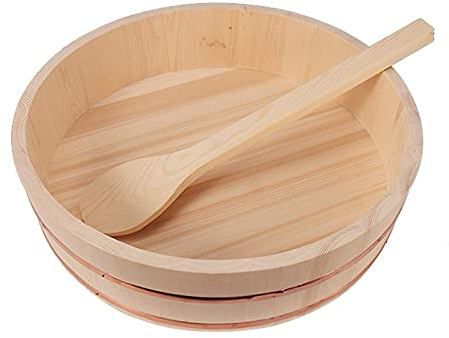 KARFRI Hölzerne Reis-Rührschüssel, Sushi-Reis-Rührwanne mit Reisschaufel, Sushi-Zubehör für Sushi-Restaurant, Heimküche, 39 x 9,5 cm (45 x 11 cm)