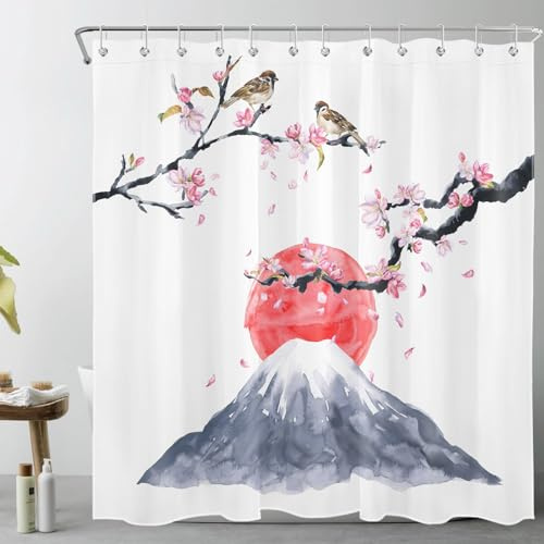LB Japanischer Berg Duschvorhang 180x200cm(BxH) Vogel auf rosa Blumenbaum Antischimmel Wasserdicht Badezimmer Vorhänge, Rote Sonne Extra Lange Polyester Stoff Bad Vorhang mit Haken