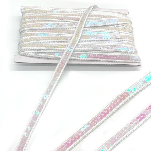 DHER 25 Meter Pailletten-Dekorband, 12 mm Glitzer Paillettenband, Paillette Trim Bänder, Pailetten Bordüre Stoff, glitzerndes Paillettenband (weiß)