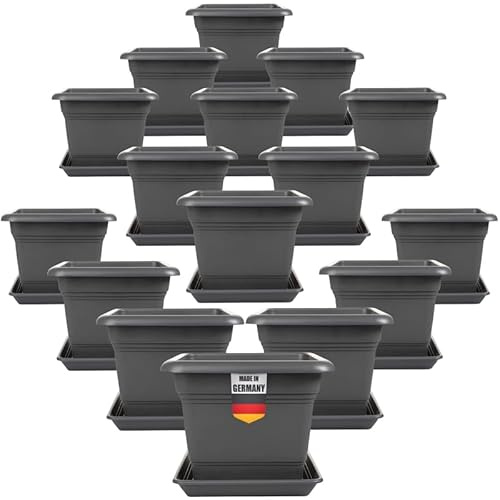 2friends Tomatentopf mit Untersetzer 28x28 cm â€“ 16er Set Anthrazit Pflanzkübel Eckig Blumentopf für Tomaten und Blumen Stabil Kübel mit Ablaufsystem für Balkon & Garten