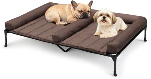 Veehoo Cooling Raised Dog Beds + Waterproof Double Dog Bed Cushion for Two Medium Dogs, Elevated Pet Cot with Removable Bolster Mat, Breathable Mesh, No-Slip Feet, Pets Couch Bed, 49x 33inches, Brown