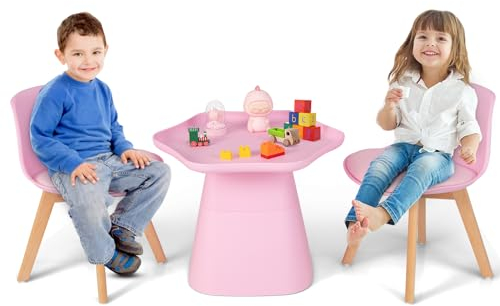 DREAMADE Kindertisch mit 2 Stühlen, 3 TLG. Kindersitzgruppe mit gepolsterten Stühlen & Buchenholzbeinen, Kindermöbel Set für Kinder von 3-8 Jahren zum Zeichnen, Lesen, Basteln (Rosa)