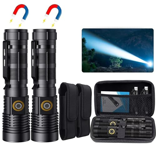 Hoxida Rechargeable Magnetic Flashlight 20000 Lumens - 1500m Long Beam Super Bright LED Tactical Flashlight with Holster USB Zoomable 5 Modes for Camping