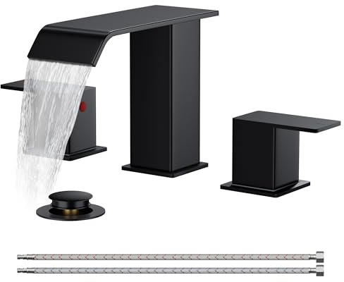 FORIOUS Bathroom Faucets 3 Hole, Matte Black 8 Inch Widespread Bathroom Sink Faucet Waterfall Spout, with Pop Up Drain and Water Supply, Suitable for Vanity Rv Commercial Lavatory Restroom