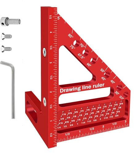 Quadratischer Winkelmesser für die Holzbearbeitung,3D-Gehrungswinkel,22.5/90-Grad-Gehrungs-Dreiecks-Lineal-Anreißer,winkelmesser,Gehrungsdreieck Lineal Layout Messwerkzeug für Ingenieur Tischler(Rot)