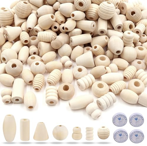 GZqiancang Holzperlen Set, Holzperlen Natur,mit 4 Stück Schmuckfaden,200g | Holzkugeln mit Loch,Unvollendete Lose Holzperlen,für Armbändern, Halsketten, Halsreifen, DIY Bastelarbeiten