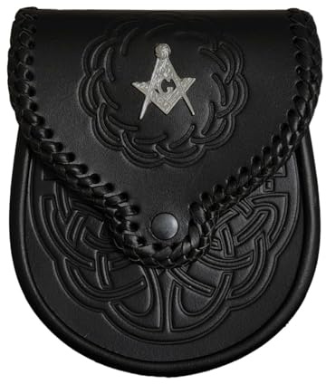 Sporran de piel escocesa | Cuero auténtico de alta calidad hecho a mano | Accesorios de falda escocesa para hombre | Perfecto para ropa de las tierras altas, Masónico cromado, talla única