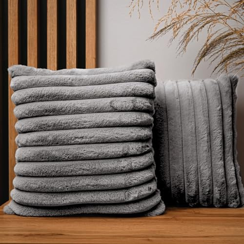 MG Design 2er Set Kissenbezüge 40 x 40 cm in Grau – mit Reißverschluss, langflorige Fell-Haptik, weich & Cosy, pflegeleicht