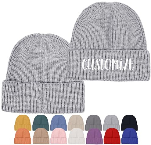 REQTYUI Personalisierte bestickte Beanie-Mütze – individuelle Skimütze mit Bündchen und Namen oder Slogan – Unisex-Winter-Accessoire, Grau, Einheitsgr��e