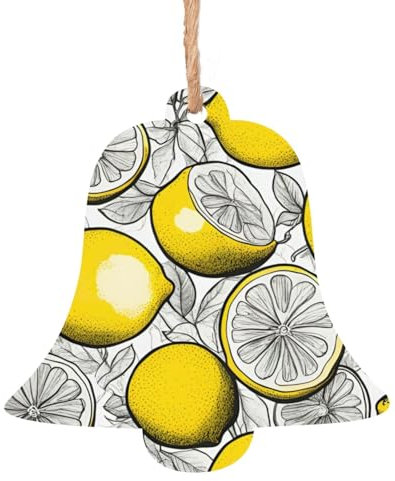 Adornos de madera con estampado de frutas de limón, letreros de puerta en forma de campana, decoración colgante de árbol de Navidad, 6 piezas