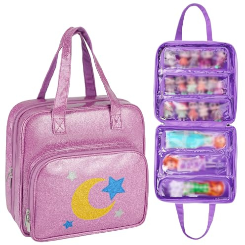 Jaffzora Dolls Carrying Case Compatible with LOL Surprise Dolls All,Hanging Travel Toys Storage Tote Bag with 6 Clear Pockets for Girls,Purple